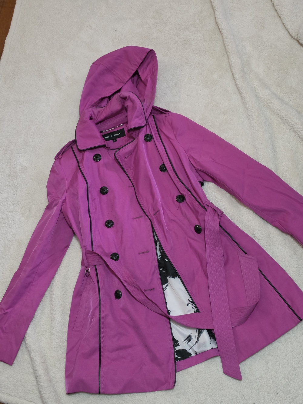 Black Rivet Hooded Double-Breasted Trench Coat - Magenta